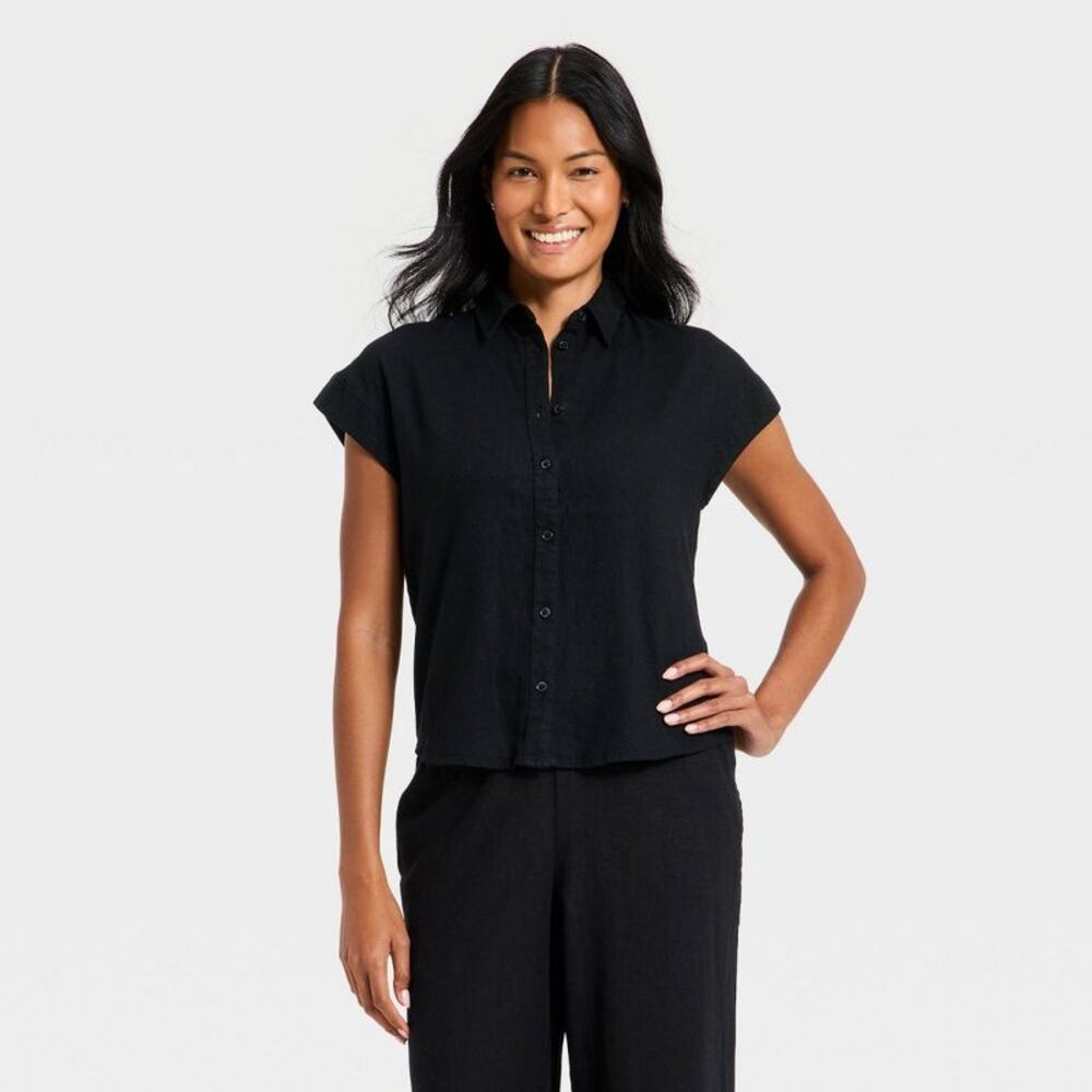 A New Day - Women's Button-Up Linen Shirt - A New Day Black XS Black